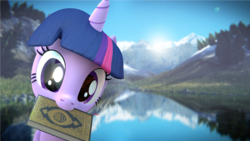 Size: 1920x1080 | Tagged: safe, artist:chocokumiko, twilight sparkle, alicorn, pony, g4, 3d, blender, book, female, mare, mountain, mouth hold, qur'an, scenery, solo, tree, twilight sparkle (alicorn)