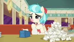 Size: 1920x1080 | Tagged: safe, screencap, coco pommel, g4, the saddle row review, blushing, offscreen character, pov, red nosed, sick, tissue, tissue box