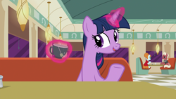 Size: 1920x1080 | Tagged: safe, screencap, beaude mane, joan pommelway, twilight sparkle, alicorn, earth pony, pony, g4, the saddle row review, background pony, cafe, cup, female, glowing horn, horn, levitation, magic, magic aura, male, mare, offscreen character, pov, stallion, teacup, telekinesis, twilight sparkle (alicorn)