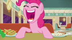 Size: 1920x1080 | Tagged: safe, screencap, lucky breaks, pinkie pie, pony, g4, the saddle row review, background pony, carrot, carrot dog, eyes closed, food, mawshot, offscreen character, open mouth, pizza, uvula, yelling