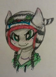 Size: 876x1200 | Tagged: safe, artist:hippykat13, artist:sabokat, oc, oc only, oc:kitty sweet, blushing, clothes, ear piercing, earring, freckles, hat, hoodie, jewelry, piercing, scar, traditional art