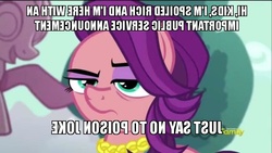 Size: 800x450 | Tagged: safe, edit, edited screencap, screencap, spoiled rich, crusaders of the lost mark, g4, my little pony: friendship is magic, backwards, caption, derail in the comments, drugs are bad mmmkay?, female, image macro, meme, poison joke, public service announcement, solo