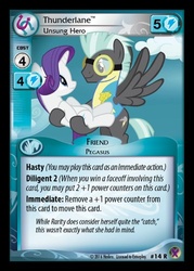 Size: 358x500 | Tagged: safe, enterplay, rarity, thunderlane, pegasus, pony, unicorn, g4, marks in time, my little pony collectible card game, ccg, clothes, female, flying, goggles, horn, male, mare, merchandise, spread wings, stallion, uniform, wings, wonderbolts uniform