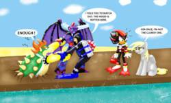 Size: 1024x613 | Tagged: safe, artist:sedna93, derpy hooves, oc, oc:flavia, pegasus, pony, g4, bowser, crossover, dialogue, female, gormiti, male, mare, non-mlp oc, obscurio, scuba gear, shadow the hedgehog, sonic the hedgehog, sonic the hedgehog (series), super mario bros., wetsuit