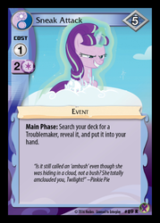 Size: 358x500 | Tagged: safe, enterplay, pinkie pie, starlight glimmer, pony, unicorn, g4, marks in time, my little pony collectible card game, ccg, cloud, evil smile, glowing, glowing horn, grin, horn, levitation, magic, magic aura, merchandise, quote, self-levitation, smiling, solo, telekinesis