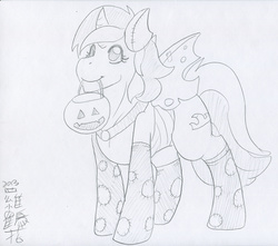 Size: 1280x1131 | Tagged: safe, artist:rozga, oc, oc only, changeling, pony, unicorn, clothes, costume, jack-o-lantern, monochrome, mouth hold, nightmare night, nightmare night costume, smiling, socks, solo