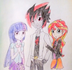 Size: 1920x1858 | Tagged: safe, artist:little-miss-oshawott, sunset shimmer, twilight sparkle, equestria girls, g4, crossover, equestria girls-ified, male, shadow the hedgehog, sonic the hedgehog, sonic the hedgehog (series), traditional art