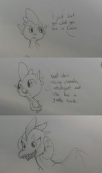 Size: 1280x2160 | Tagged: safe, artist:tjpones, princess ember, spike, dragon, g4, black and white, comic, female, grayscale, grin, lineart, male, monochrome, offscreen character, sharp teeth, ship:emberspike, shipping, smiling, straight, toothy grin, traditional art