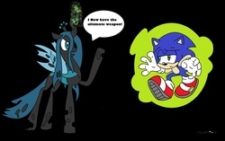 Size: 2484x1564 | Tagged: safe, artist:chickarupocket, queen chrysalis, g4, crossover, glowing horn, horn, levitation, magic, male, sonic the hedgehog, sonic the hedgehog (series), telekinesis