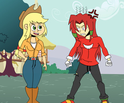 Size: 2665x2220 | Tagged: safe, artist:mlp-vector-collabs, artist:satoshitakeo, applejack, human, g4, angry, crossover, high res, humanized, knuckles the echidna, male, sonic the hedgehog, sonic the hedgehog (series)