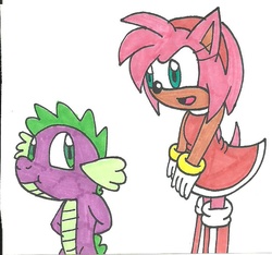 Size: 712x667 | Tagged: safe, artist:cmara, spike, g4, amy rose, crossover, sonic the hedgehog (series), traditional art