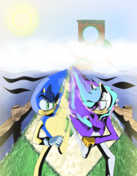 Size: 1024x1310 | Tagged: safe, artist:ihamza995, princess celestia, cat, anthro, g4, catified, crossover, crossover shipping, green hill zone, male, race, racing, running, shipping, sonic generations, sonic the hedgehog, sonic the hedgehog (series), sonicified, soniclestia, species swap, watermark