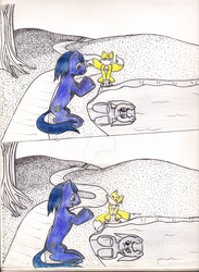 Size: 1024x1396 | Tagged: safe, artist:dantekfreeman, fox, 2 panel comic, comic, crossover, fanfic, fanfic art, lake, male, miles "tails" prower, ponified, sketch, sonic the hedgehog, sonic the hedgehog (series), traditional art, tree