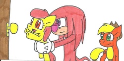 Size: 1032x507 | Tagged: safe, artist:cmara, apple bloom, applejack, pony, g4, crossover, holding a pony, knuckles the echidna, sonic the hedgehog (series), traditional art