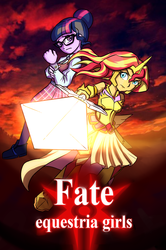 Size: 792x1192 | Tagged: safe, artist:kul, sci-twi, sunset shimmer, twilight sparkle, fanfic:fate / equestria girls, equestria girls, g4, armor, cover art, crossover, fanfic, fanfic art, fanfic cover, fate/stay night, fimfiction, glasses, looking at you, saber, sword, text, weapon, writing