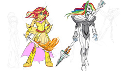 Size: 1280x747 | Tagged: safe, artist:kul, rainbow dash, sunset shimmer, equestria girls, g4, armor, design, fate/stay night, fiery shimmer, fire, looking at you, pose, servant, sketch, smiling, spear, sword, weapon
