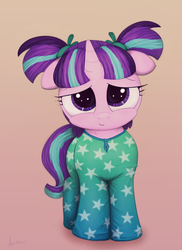 Size: 1008x1387 | Tagged: safe, artist:an-tonio, artist:transgressors-reworks, color edit, edit, starlight glimmer, pony, unicorn, g4, clothes, colored, cute, female, filly, filly starlight glimmer, floppy ears, footed sleeper, glimmerbetes, pajamas, pigtails, smiling, solo, younger