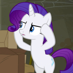 Size: 505x504 | Tagged: safe, edit, edited screencap, screencap, rarity, pony, unicorn, g4, the saddle row review, animated, bipedal, caption, confused, eyelashes, eyeshadow, female, frown, image macro, makeup, mare, meme, open mouth, reaction image, solo focus, text, wat