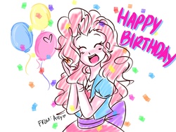 Size: 1600x1200 | Tagged: safe, artist:aizy-boy, pinkie pie, equestria girls, g4, balloon, beautiful, birthday, confetti, cute, diapinkes, eyes closed, female, happy, happy birthday, heart, simple background, solo, white background