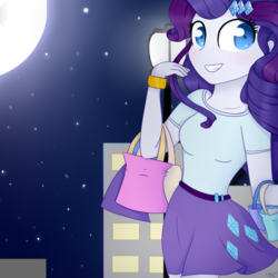 Size: 1000x1000 | Tagged: dead source, safe, artist:ultrard, rarity, equestria girls, g4, bags, bracelet, city, clothes, colored pupils, cute, female, full moon, lamppost, night sky, shopping, skirt, smiling, solo, stars
