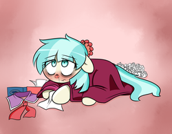 Size: 1800x1400 | Tagged: safe, artist:fullmetalpikmin, coco pommel, g4, the saddle row review, blanket, cold, female, floppy ears, lidded eyes, messy mane, prone, red nosed, runny nose, sick, snot, solo, tissue, tissue box