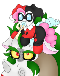 Size: 1433x1806 | Tagged: safe, artist:blackbewhite2k7, discord, pinkie pie, pony, g4, age regression, ask, baby, baby pony, batman, clothes, cosplay, costume, crossover, dc comics, female, harley quinn, jokercord, male, pacifier, pinkie pie riding discord, pinkie quinn, ponies riding draconequi, pony hat, riding, ship:discopie, shipping, straight, the joker, tumblr