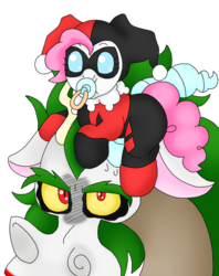 Size: 1433x1806 | Tagged: safe, artist:blackbewhite2k7, discord, pinkie pie, pony, g4, age regression, ask, baby, baby pony, batman, clothes, cosplay, costume, crossover, dc comics, female, harley quinn, jokercord, male, pacifier, pinkie quinn, pony hat, riding, ship:discopie, shipping, straight, the joker, tumblr