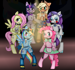 Size: 2441x2277 | Tagged: safe, artist:diamond--rose, angel bunny, applejack, fluttershy, pinkie pie, rainbow dash, rarity, twilight sparkle, anthro, g4, animatronic, crossover, five nights at freddy's, high res, mane six