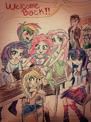 Size: 732x976 | Tagged: safe, artist:diamond--rose, applejack, derpy hooves, doctor whooves, fluttershy, pinkie pie, rainbow dash, rarity, time turner, twilight sparkle, equestria girls, g4, back to school, happy, humane six, mane six, return, school, smiling, traditional art, welcome