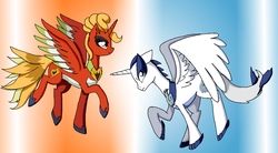 Size: 1391x768 | Tagged: safe, artist:diamond--rose, alicorn, ho-oh, lugia, pony, alicornified, pokémon, ponified, race swap