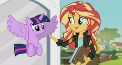 Size: 1011x540 | Tagged: safe, artist:angeltorchic, edit, screencap, sunset shimmer, twilight sparkle, equestria girls, g4, discovery family logo, sunset's little twilight, tiny ponies, twilight sparkle (alicorn)