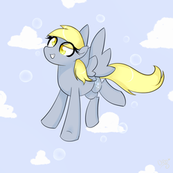 Size: 1000x1000 | Tagged: dead source, safe, artist:ultrard, derpy hooves, pegasus, pony, g4, blue background, bubble, cloud, colored pupils, female, flying, mare, simple background, solo