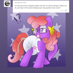 Size: 1280x1280 | Tagged: safe, artist:tapeysides, oc, oc only, oc:itty bit, adorkable, adult foal, cute, diaper, dork, glasses, hair bow, non-baby in diaper, ocbetes, older, pacifier, poofy diaper, solo, tumblr, wingding eyes