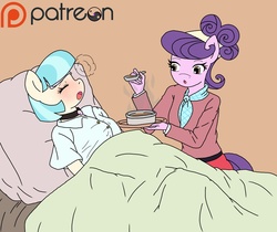 Size: 1280x1074 | Tagged: safe, artist:linedraweer, coco pommel, suri polomare, earth pony, anthro, g4, the saddle row review, blanket, blushing, cocopolo, collar, coughing, female, flu, food, lesbian, patreon, patreon logo, pet play, shipping, sick, soup, sweat