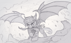 Size: 1280x781 | Tagged: safe, artist:yakovlev-vad, oc, oc only, bat pony, pony, armor, grayscale, knife, monochrome, mouth hold, scar, sketch, slit pupils