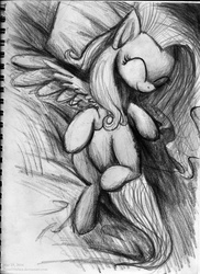 Size: 763x1048 | Tagged: safe, artist:daniel10alien, fluttershy, pegasus, pony, g4, ^^, bed, eyes closed, female, grayscale, high angle, monochrome, pencil drawing, pillow, sleeping, solo, traditional art