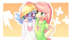Size: 1920x1080 | Tagged: safe, artist:hoodie, fluttershy, rainbow dash, pegasus, semi-anthro, g4, arm hooves, blushing, clothes, cute, dashabetes, duo, duo female, female, heart, hoodie, lesbian, open mouth, ship:flutterdash, shipping, shyabetes, wallpaper