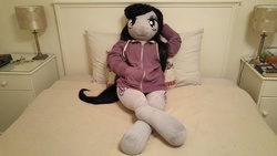 Size: 5312x2988 | Tagged: safe, artist:bigsexyplush, artist:somethingaboutoctavia, octavia melody, earth pony, anthro, g4, anthro plushie, bed, bedroom eyes, clothes, crossed legs, cute, doll, female, hoodie, irl, photo, plushie, solo, toy