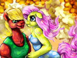 Size: 1000x750 | Tagged: safe, artist:telimbo, big macintosh, fluttershy, earth pony, anthro, g4, clothes, dress, female, male, ship:fluttermac, shipping, straight