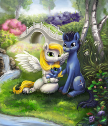 Size: 1915x2234 | Tagged: safe, artist:stasushka, oc, oc only, pony, baby, baby pony, bridge, family, flower, parent, river, stream, tree