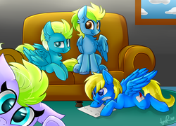 Size: 2726x1967 | Tagged: safe, artist:shyshyoctavia, oc, oc only, pegasus, pony, couch, family, male, mouth hold, quill, stallion, writing