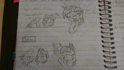 Size: 2688x1520 | Tagged: safe, artist:bigshot232, spike, twilight sparkle, oc, oc:filly anon, g4, book, dialogue, female, filly, grayscale, group, lined paper, monochrome, photo, that pony sure does love books, traditional art