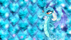 Size: 1600x900 | Tagged: safe, artist:drakizora, artist:sailortrekkie92, princess ember, dragon, g4, hand on hip, heart, vector, wallpaper