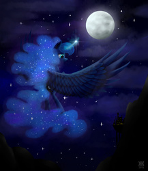 Size: 2600x3000 | Tagged: safe, artist:lol-katrina, princess luna, g4, canterlot, female, flying, high res, moon, night, solo