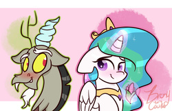 Size: 2545x1641 | Tagged: safe, artist:lynchristina, discord, princess celestia, alicorn, pony, g4, abstract background, blushing, female, floppy ears, flower, looking at each other, magic, male, ship:dislestia, shipping, smiling, straight, telekinesis