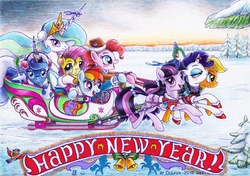 Size: 1024x721 | Tagged: safe, artist:olgfox, applejack, fluttershy, pinkie pie, princess celestia, princess luna, rainbow dash, rarity, twilight sparkle, g4, harness, mane six, new year, sleigh, snow, traditional art, troika