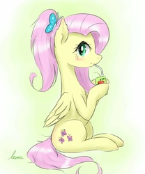 Size: 1000x1200 | Tagged: safe, artist:kanaowo, fluttershy, g4, blushing, female, juice, juice box, ponytail, solo