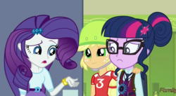 Size: 1204x660 | Tagged: safe, screencap, applejack, rarity, sci-twi, twilight sparkle, equestria girls, g4, my little pony equestria girls: friendship games, discovery family logo, magic capture device