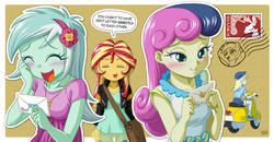 Size: 1200x624 | Tagged: safe, artist:uotapo, bon bon, derpy hooves, lyra heartstrings, princess celestia, sunset shimmer, sweetie drops, human, equestria girls, g4, adorabon, bag, blushing, clothes, colored pupils, cute, driving, engrish, envelope, eyes closed, female, flcl, implied lyrabon, leather jacket, lesbian, lyrabetes, moped, motorcycle, open mouth, scooter, shimmerbetes, ship:lyrabon, shipping, shoes, shorts, socks, speech bubble, stamp, sunset helper, uotapo is trying to murder us, vehicle, vespa