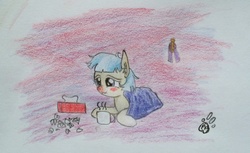 Size: 2790x1710 | Tagged: safe, artist:professionalpuppy, coco pommel, g4, the saddle row review, blanket, cocobetes, cute, drink, ear fluff, female, mug, nose wrinkle, prone, red nosed, scrunchy face, sick, solo, steam, tissue, tissue box, traditional art